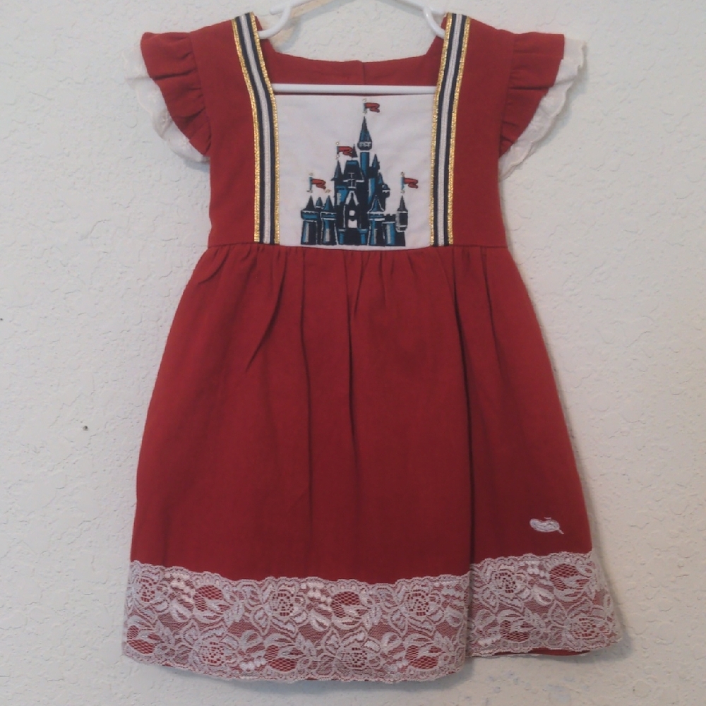 Disney Inspired The Purple Pickle Red Dress With Lace & Castle Embroidery Sz 2T